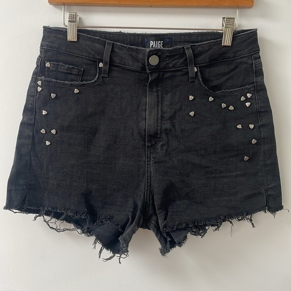 Paige Margot mini Shorts high rise Noir Studded Heart, black distressed, sz 29 - Picture 3 of 12